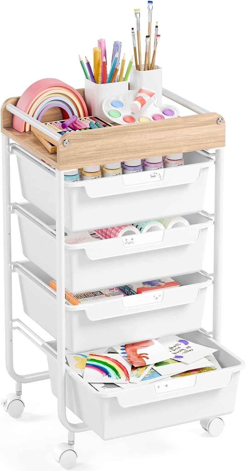 APEXCHASER Plastic Drawer Organizers with Wheels, 4-Tier Rolling Storage Cart with Wooden Top, Plastic Drawer Unit for Kids’ Toys, Office Supplies, Nursery Essentials, and Laundry Storage,White