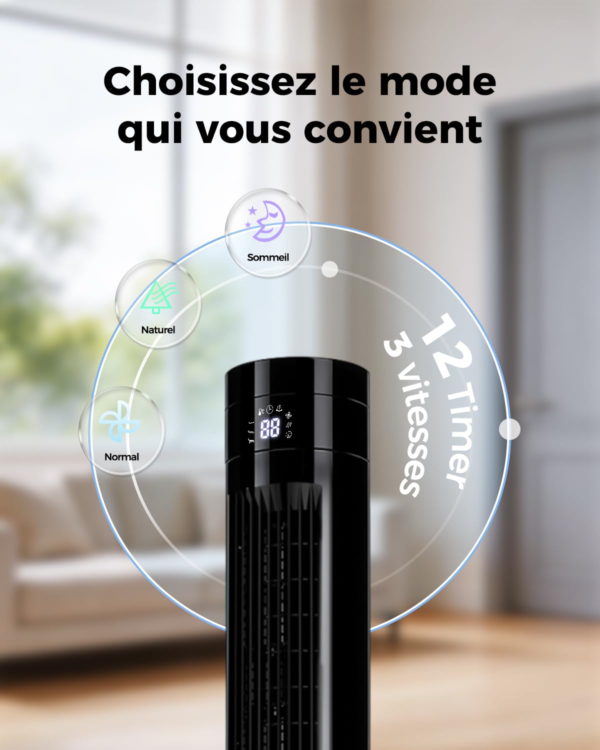 YASHE Ventilateur colonne 110 cm silencieux avec télécommande, ventilateur 28 dB sans pales, oscillation à 85°, minuterie 12 h, 3 modes et 3 vitesses, affichage LED, pour chambre et bureau