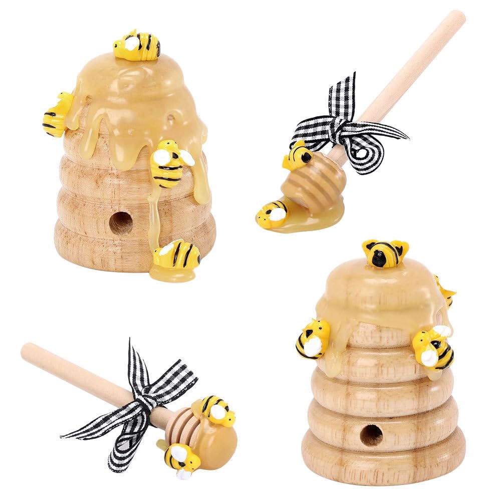 Amosfun Honey Bee Tiered Tray Decor Bee Party Decoration Wooden Honeycomb and Dipper Farmhouse Kitchen Display 2 Set