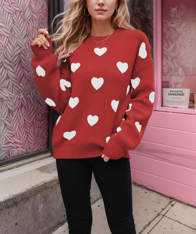 Image of Women's Valentines Pullover Sweaters Cute Hearts Long Sleeve Crewneck Knitted Y2k Sweaters Kawaii Aesthetic Clothes