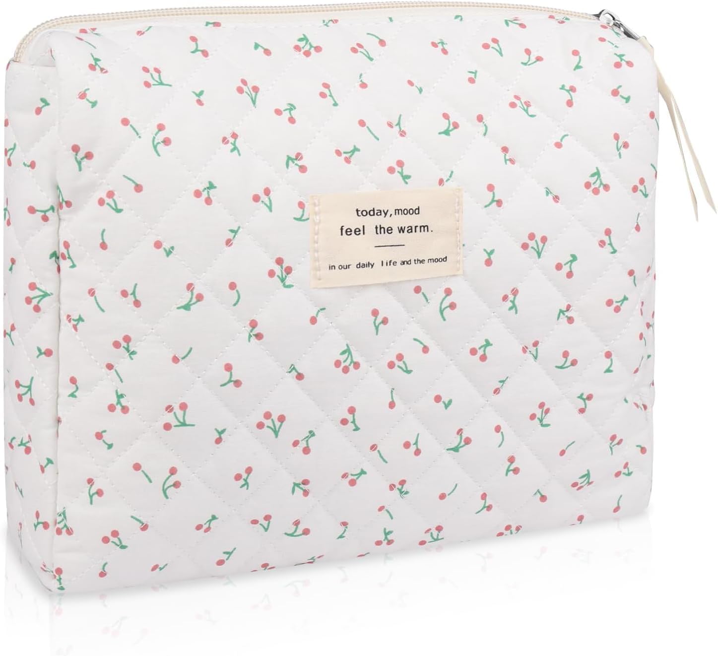 Large Makeup Bag, Cute Cosmetic Bag for Women Girls, Floral Coquette Aesthetic Toiletry Bag, Travel Make Up Organizer Bag (White Cherry)