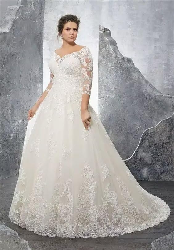 Women's Long Sleeve Wedding Dresses for Bride Lace Appliques Boho Bridal Dress Tulle Bridal Ball Gown with Train RWDD393