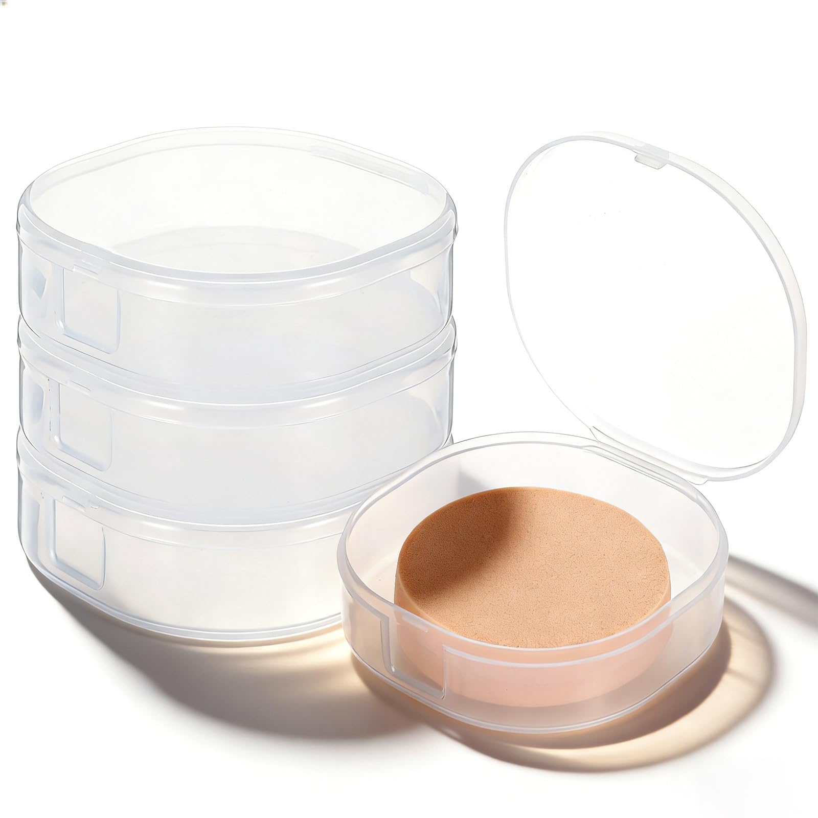 Qianyu 4 piezas de algodón portátil redondo soporte plástico cosméticos almohadillas de algodón contenedor de viaje dispensador de esponja de maquillaje pequeña transparente caja de almacenamiento