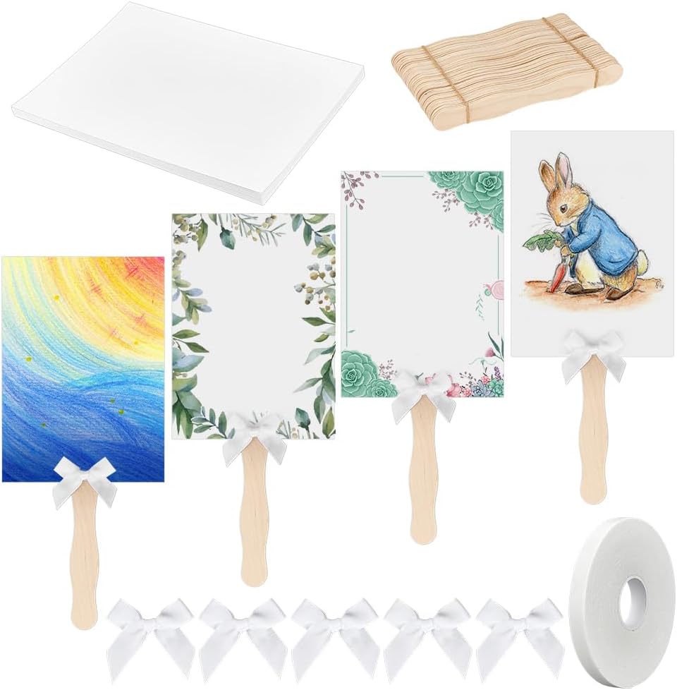 PH PandaHall 50 Sets Church Fans Handheld Kit Blank Cardstock Paper Fan White Bowknots DIY Wedding Fan with Wooden Sticks and Double-Sided Tape for Art Crafting Custom Fans Church Party Wedding Decor