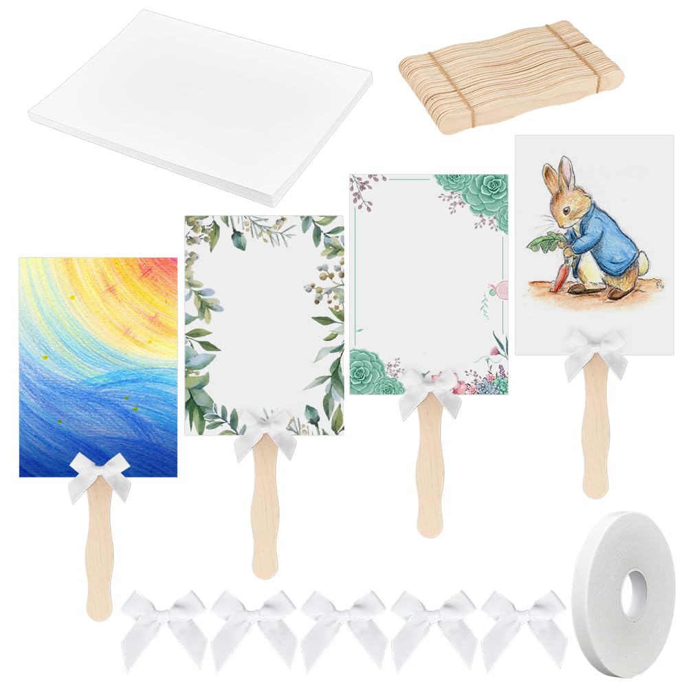 PH PandaHall Set di 50 ventagli per chiesa, in cartoncino bianco, con fiocchi bianchi, per matrimoni, fai da te, con bastoncini di legno e nastro biadesivo, per progetti artistici e personalizzati