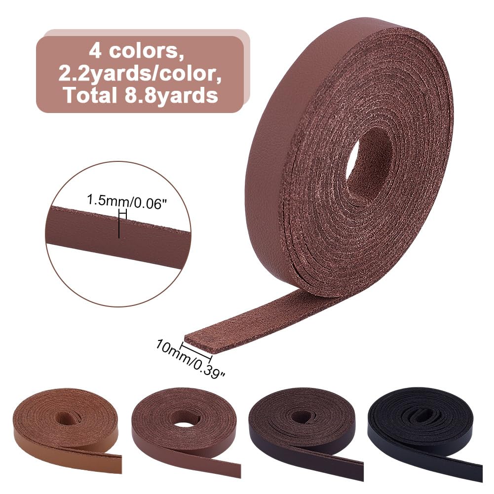 arricraft 8.7yard Flat Leathers Straps for Crafts, 10mm Wide 4 Colors PU Imitation Leathers Cord String Edge Sewing PU Leathers Strip for DIY Bag Strap Clothing Jewelry Arts
