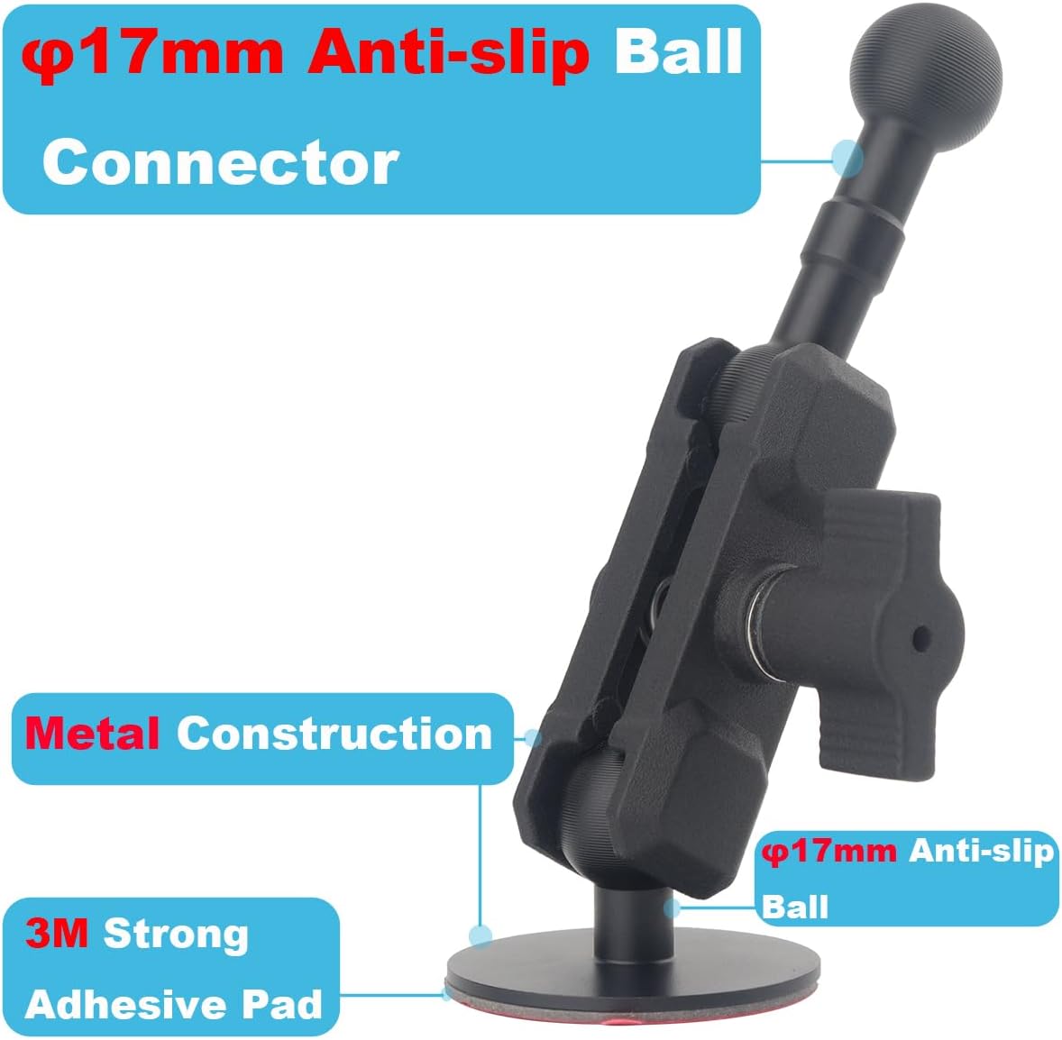 Adhesive 17mm Ball Mount with Extension Arm and 17mm Ball Mount Extension Adapter with Strong Magnetic Phone Holder Bundle