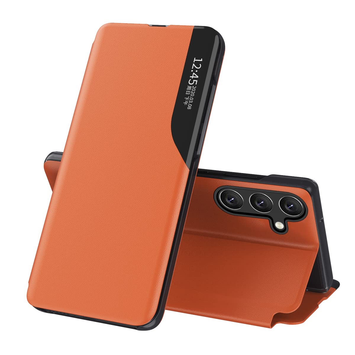 OOPKINS Case for Samsung Galaxy A55 5G Flip Case PU Leather Business Flip Case Full Body Protection Kickstand Smart Clear View Window Shockproof Protective Slim Cover for Galaxy A55 5G Orange QHC