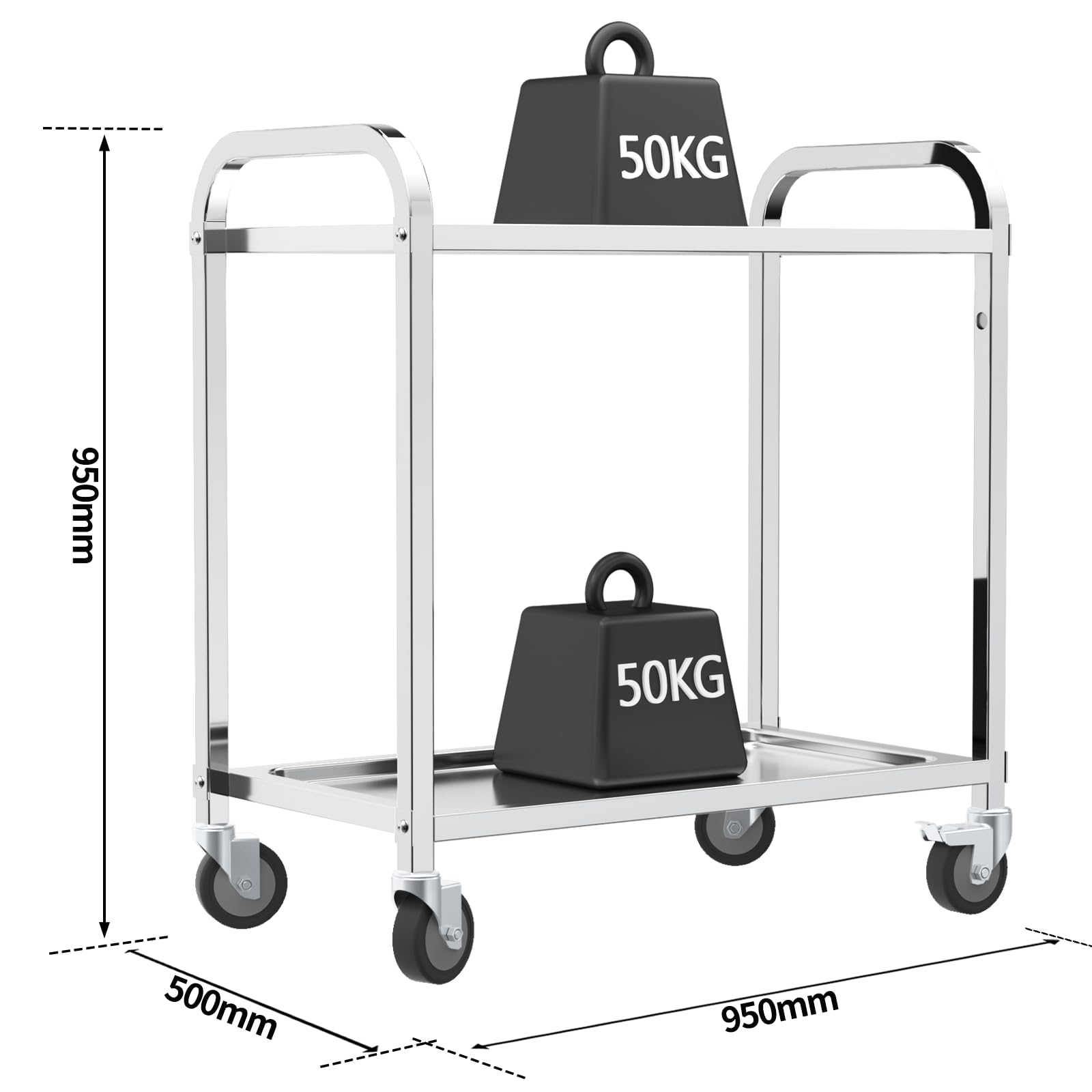 TAIMIKO Carrello di Servizio Carrello Portavivande Carrello Cucina con ruote in acciaio inossidabile a 2 ripiani 95 x 50 x 95 cm