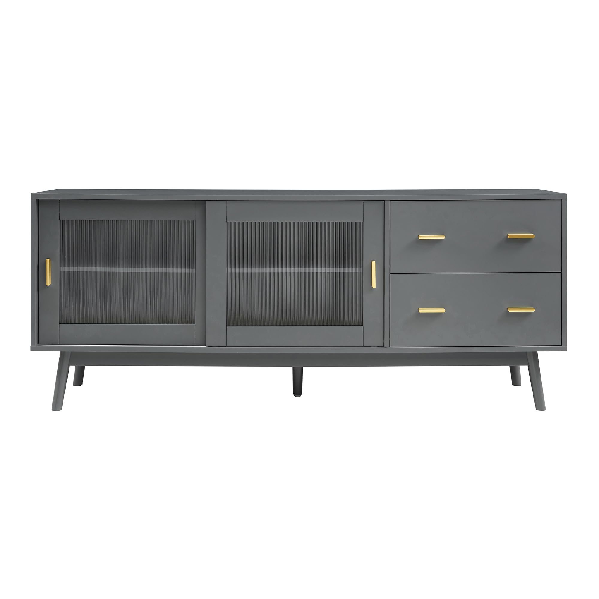 [en.casa] Mueble de TV Susa con 2 Puertas Corredoras de Vidrio y 2 Cajones Mesa de TV Mueble de Salón con Tablero Rectangular MDF Patas de Pino 160 x 40 x 65 cm - Gris