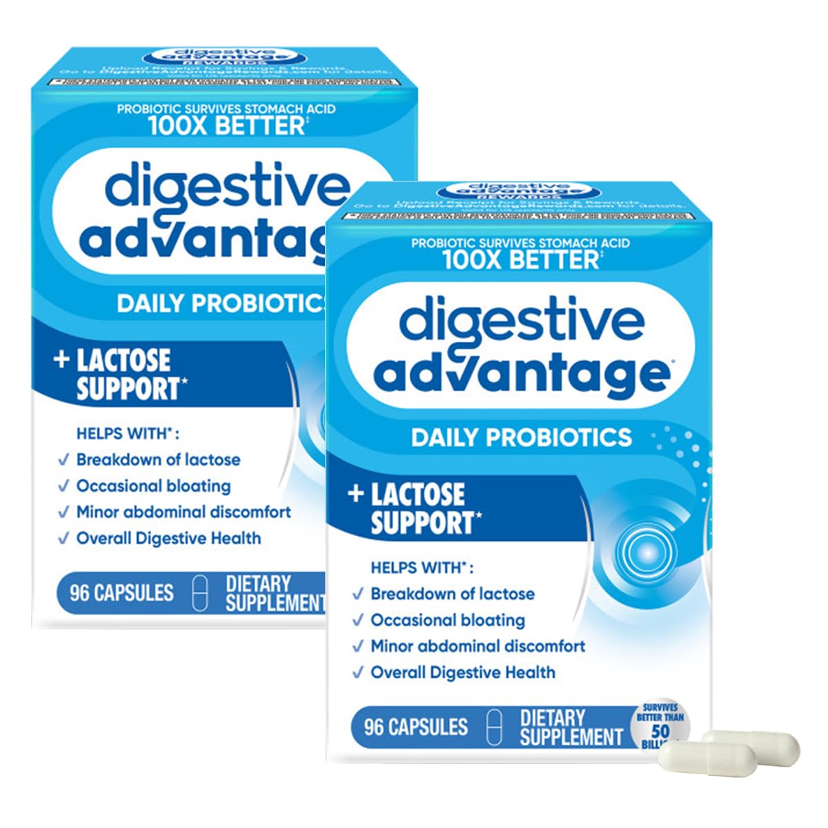 Digestive Advantage Lactose Defense Enzymes + Probiotics for Women & Men Occasional Bloating, Lactose Breakdown, Minor Abdominal Discomfort, Immune Support, 96 Count Capsules (2 Pack)