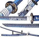 Samurai Sword- Japanese Katana Sword Real Weapons,41 inch 1060/1095 High Carbon Steel Full Tang Metal with Stand Katana,for Man Gift Cosplay， Practical,Blue