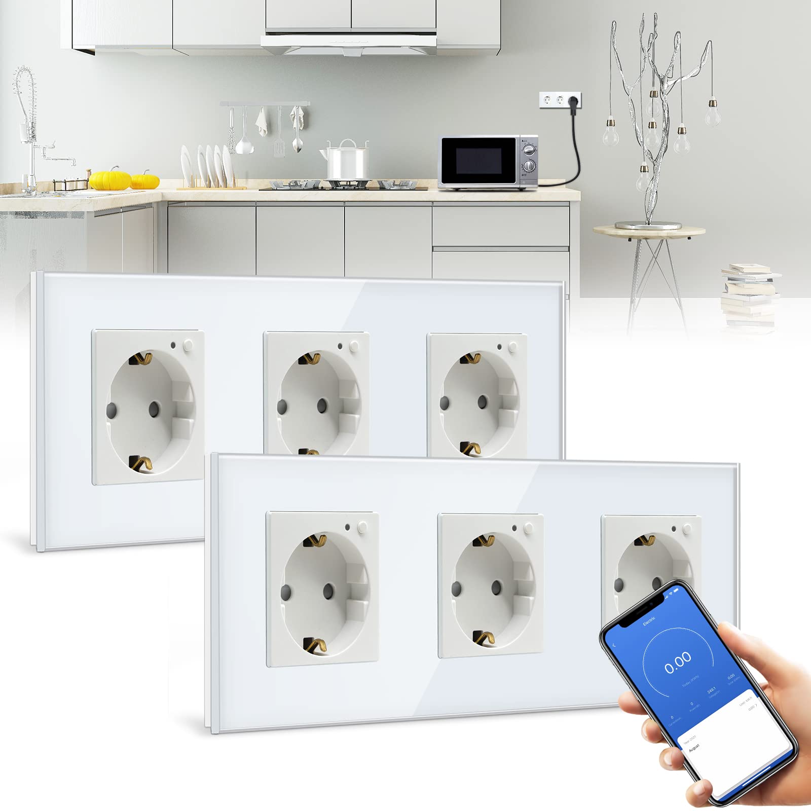 BSEED BSEED Enchufe Triple de Pared WiFi con monitor de consumo de energía,Blanco Schuko Enchufe inteligente Compatible con Alexa y Google Home,Control de APP y Función de Temporizador-2 Paquete