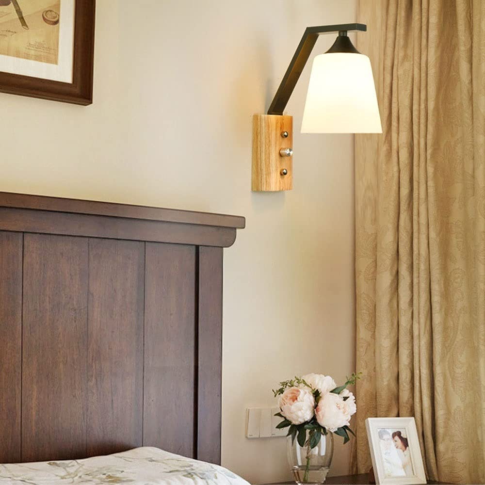 Drewniana i szklana lampa ścienna z czarnym metalowym geometrycznym abażurem, salon, restauracja, sypialnia, lampka nocna, czytanie, kinkiet ścienny, oświetlenie wewnętrzne E27, światło