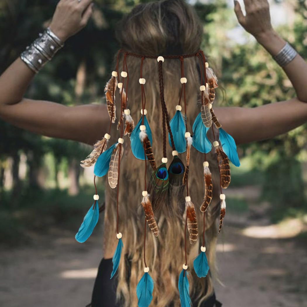 Zoestar Boho Feather Headband Indian Tribal Headpiece Feathers Tassel Hippie Headdress Festival Costume Hair Accessories for Women and Girls (D) - Image 2