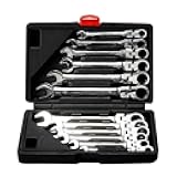 FLZOSPER 12pc. Tightspot Flex-Head Ratcheting Wrench Set，8-19mm Metric CR-V Quick Access Spanner with Portable Toolbox (12PC. Flex Head Wrench)