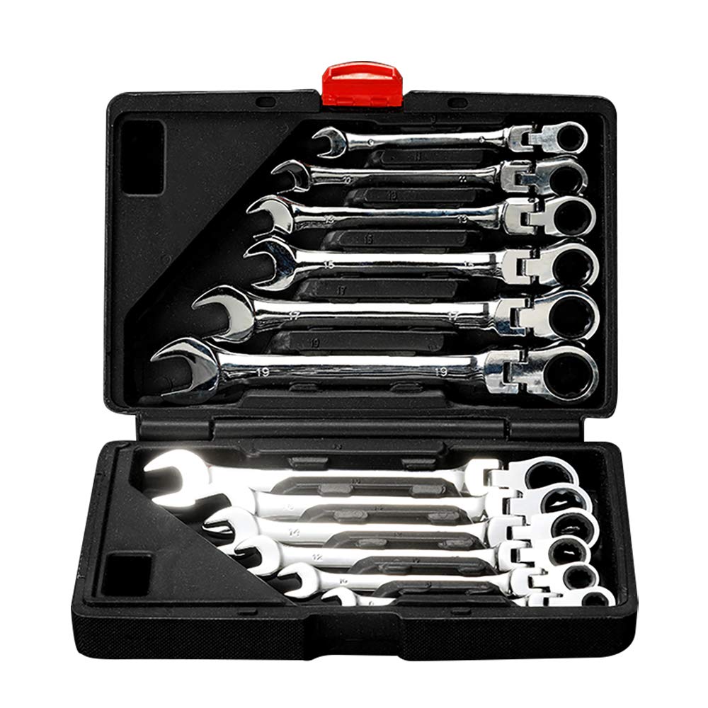 Flzosper Chrome 12Pc. Tightspot Flex-Head Ratcheting Wrench Set，8-19Mm Metric Cr-V Quick Access Spanner With Portable Toolbox (12Pc. Flex Head Wrench)
