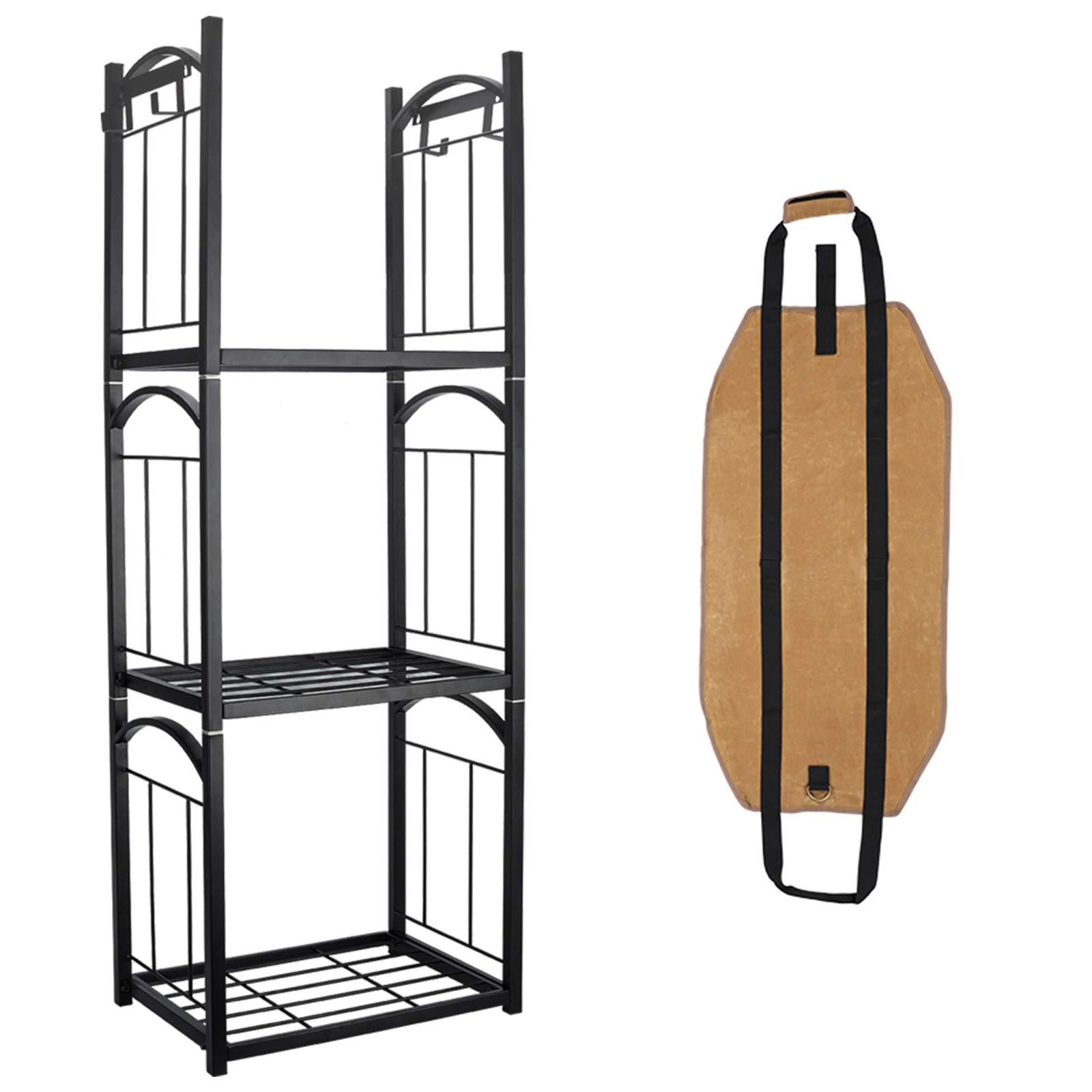 TQVAI3 Tier Outdoor Firewood Rack with Removable Hanging Hooks and Waxed Canvas Firelog Wood Carrier Bag Indoor Stacking Fireside Firewood Holder Lumber Storage, Black
