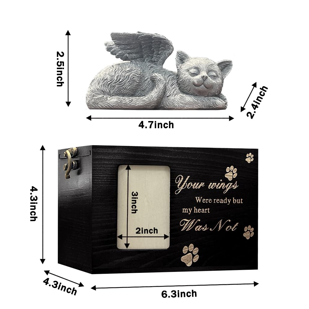Solid Wood Pet Urn for Cat Ashes Box with Picture Black Funeral Cremation Box for Cat Wooden Keepsake with Black Flannel Lining for Loss of Cat or Dog Remembrance Gift (Cat Urn-Black, Medium)
