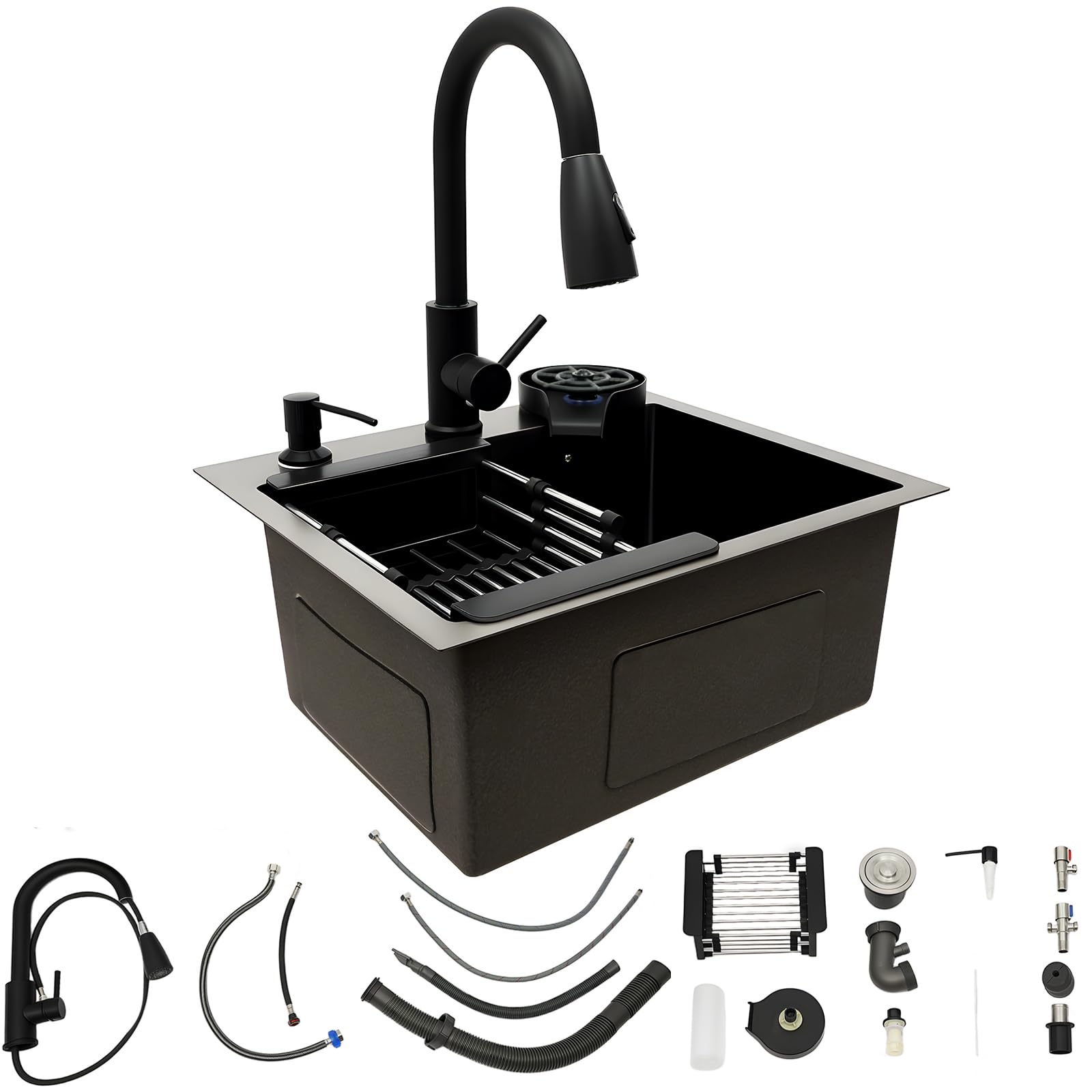 Fregadero de acero inoxidable de 45 x 40 cm, color negro, con grifo extraíble y lavavajillas para tazas, fregadero de cocina multifuncional, 1 lavabo, incluye tubo de drenaje, dispensador de jabón