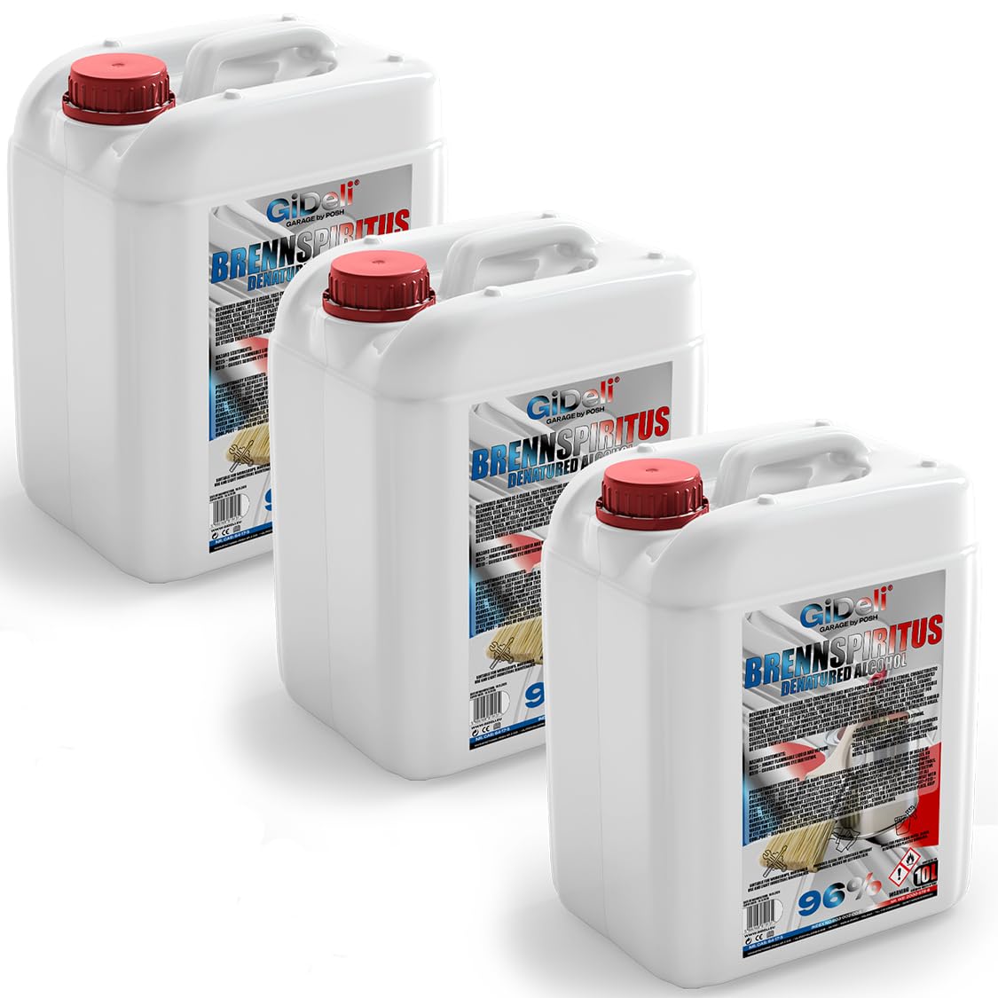 GiDeli Alcool di combustione, incolore, 3 x 10 l, versatile alcool per casa, officina e giardino, per pulire, sgrassare e accendere, senza lasciare residui e prestazioni