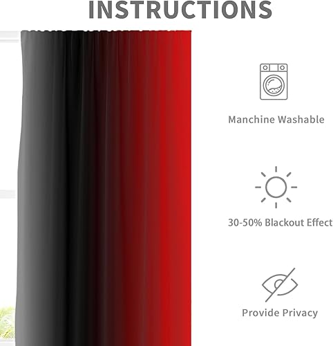 Miniatura 5 de Cortinas rojas y negras con degradado ancho burdeos gris gótico gótico diseño oscuro genial para hombres 52 pulgadas de ancho x 63 pulgadas de largo