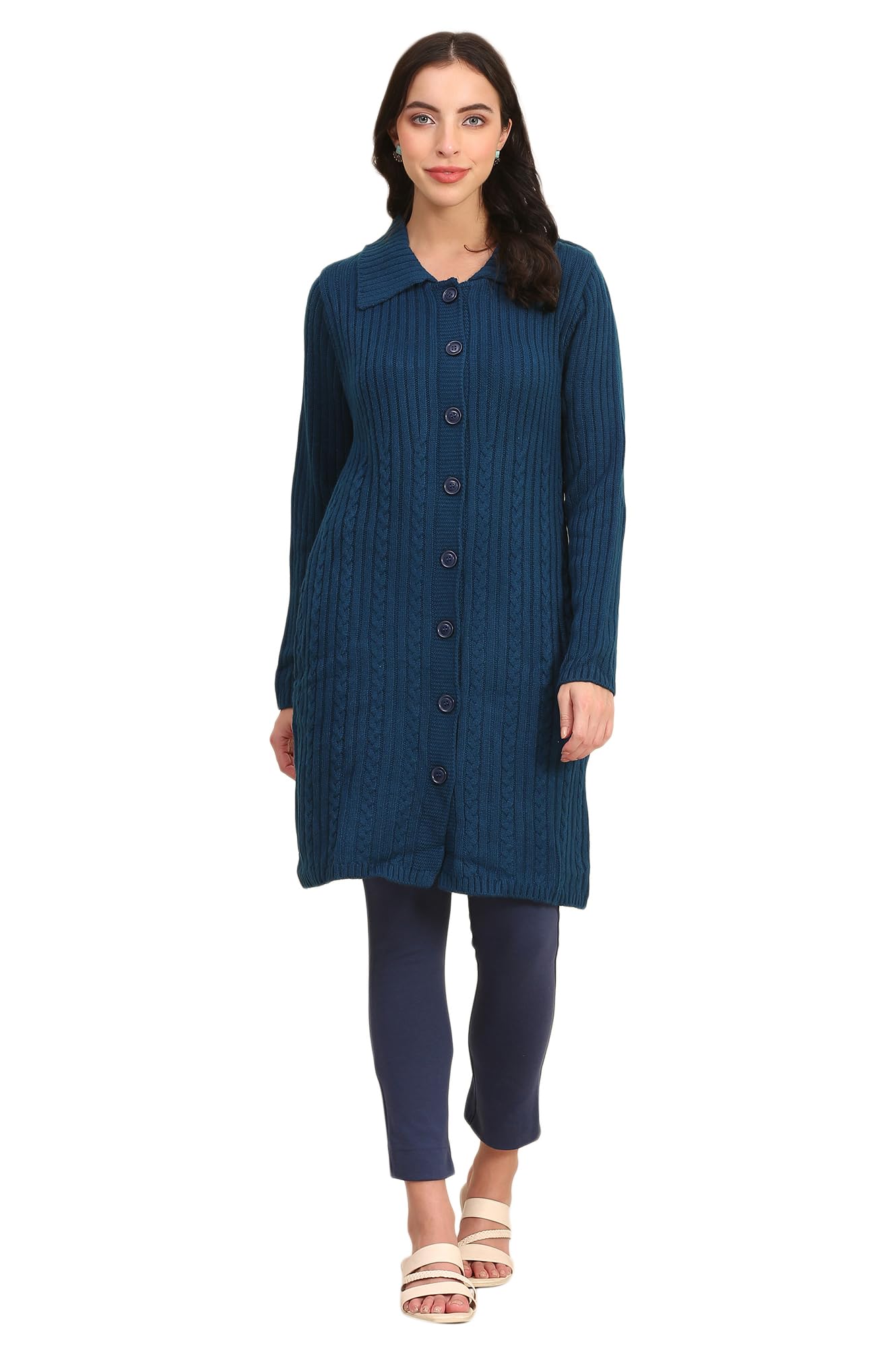aurelia Women’s Self Design Straight Blue Winter Long Sweater-picture-11