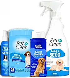 Pet Clean Kit Banho a Seco Completo para Cães e Gatos, Banho a Seco 500ml, Talco 100g, Lenços Umedecidos 75 Unidades, Perfume 120ml, Masculino