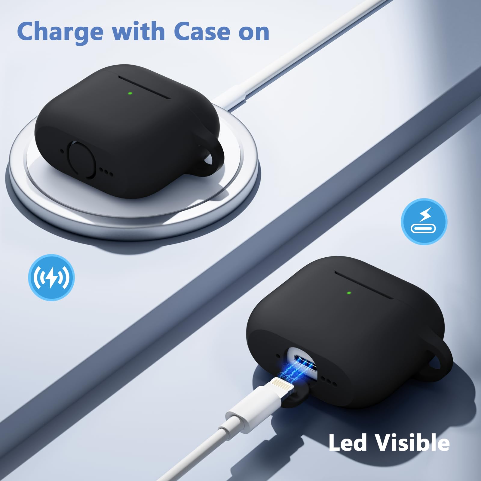 Maledan Cover Compatibile con AirPods 4 2024 Custodia, Case Protettiva Antiurto in Silicone Morbido per Apple AirPods 4 Generazione Custodia con Kit di Pulizia e Moschettone [LED visibile],Nero