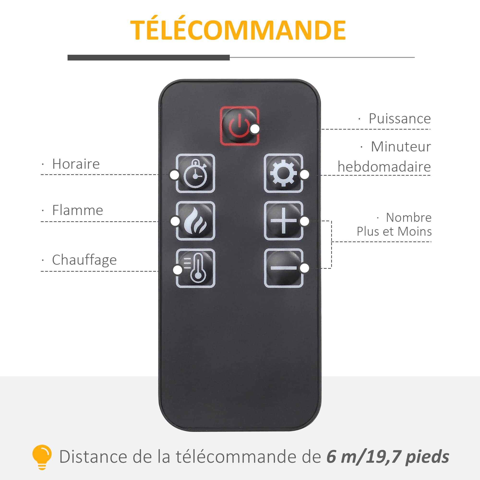 HOMCOM Cheminée électrique Effet Flammes LED luminosité réglable avec télécommande - 1800 W - 80,5 x 32,3 x 80,5 cm Blanc