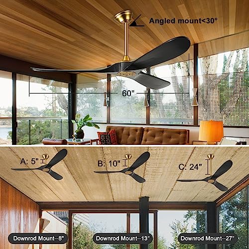 60 Inch Black Ceiling Fan Without Lights, Outdoor Ceiling Fans For Patio With Wall Control And Remote Control, Modern Farmhouse Gold Ceiling Fan, 3 Blade Large Air Flow Reversible Dc Wood Ceiling Fan #TOP6