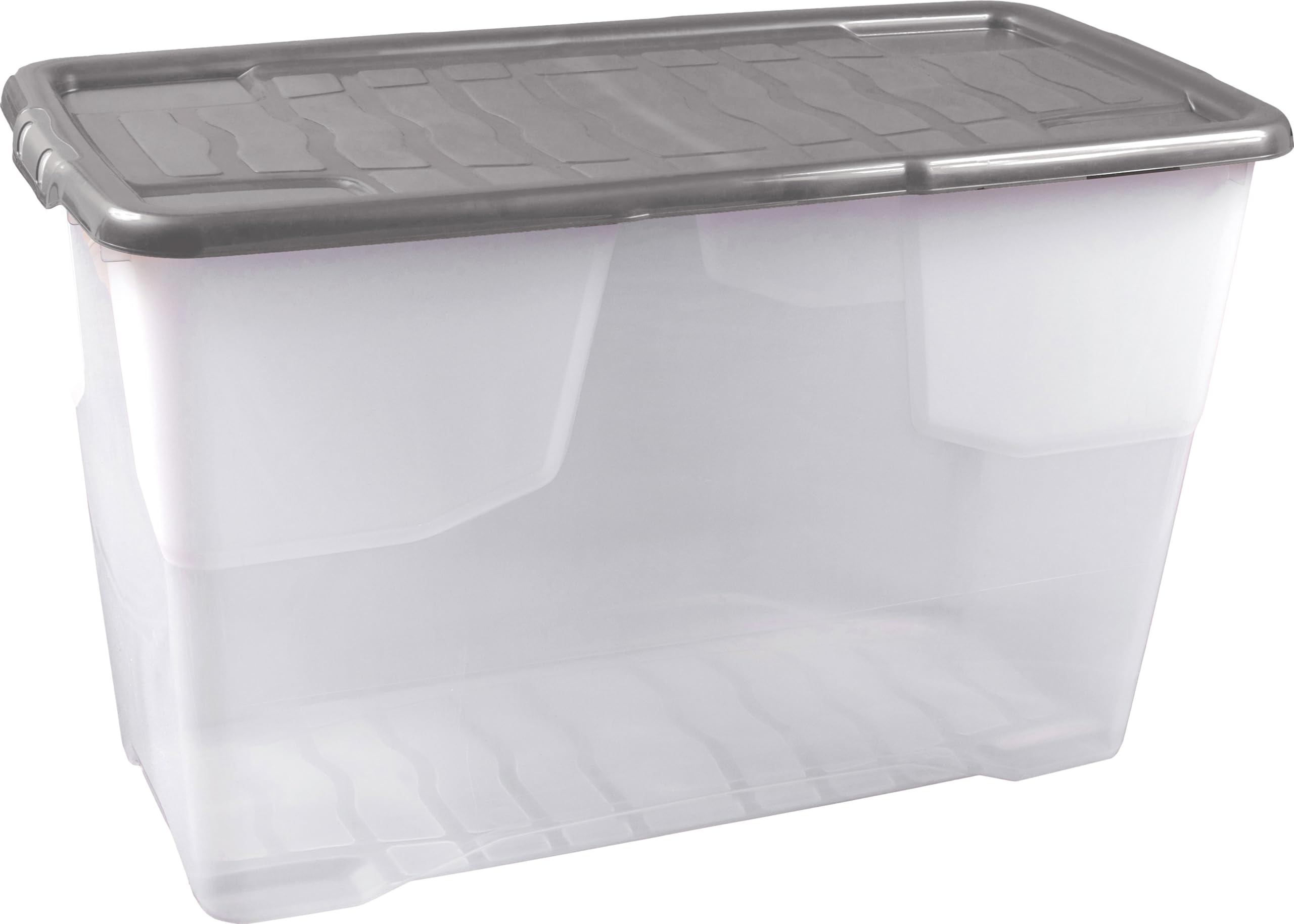 Strata 3 x 100 Litres Curve Plastic Stackable Storage Box & Lid with clip-on lids, 3 Pack, Multi storage box for home and office storage solution Clear Box, Grey Lid, (51cm H x 40cm W x 80cm D)