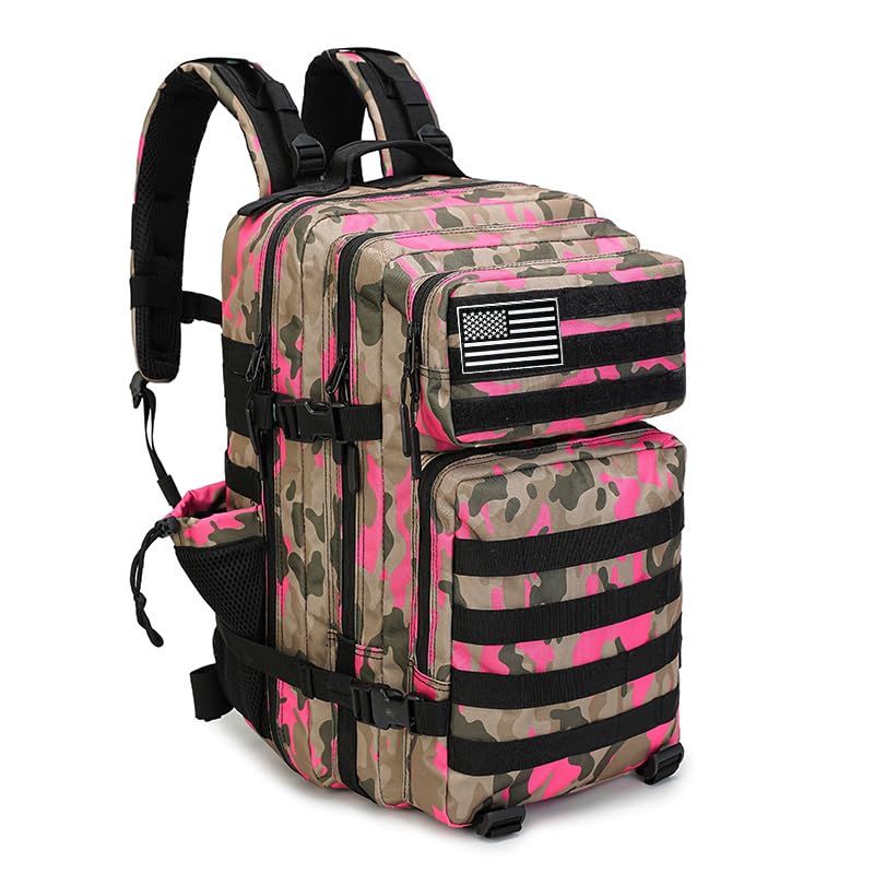 SEYATULLH Military Tactical Backpack 45L Bug Out Bag Assault Pack Molle Daypack Hiking Gym Rucksack with Bottle Holder(Pink camo)