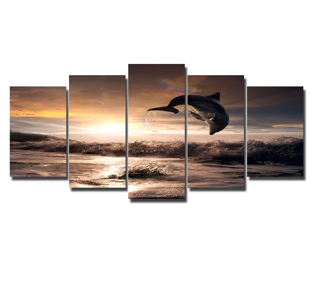 Artisweet Golden Dolphin jumpping Under the setting sun Canvas Prints Wall Art Paintings, Waterproof, 5-panels