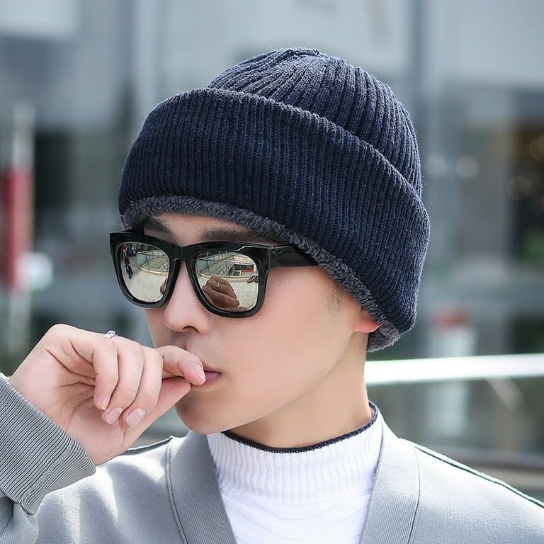 Image of Snow Proof Inside Fur Wool Unisex Monkey Beanie Cap Hat | Breathable Knit Thick Fleece Lined Foldable Use as Skull Woolen Winter Caps Hat Men & Women | Motorcycle Balaclava | Freesize
