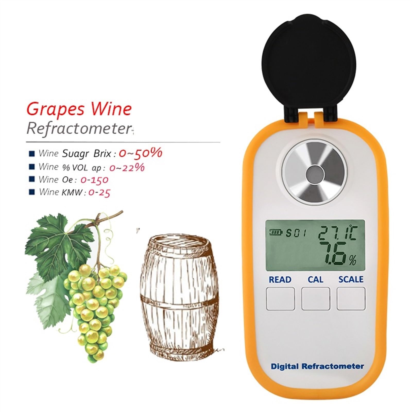 refractómetro Refractómetro de Vino y Uvas 4 en 1, Equipo de optometría for Vino, densímetro, hidrómetro, 50% Brix, autorrefractómetro de Uvas