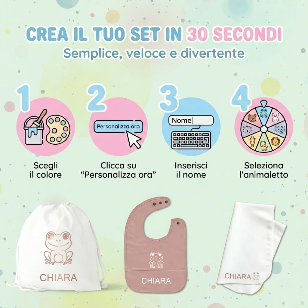 Set Asilo Personalizzato con Nome e Animaletto - Kit Bavaglino Personalizzato, Asciugamano Neonato e Sacca con Nome Bambina o Bambino - Set Asilo Nido Bimbo e Bimba - 3