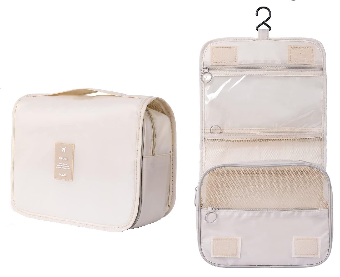 Large Capacity Portable Travel Toiletry Bag with Hanging Hook Waterproof Cosmetic Case Makeup Pouch Kit for Men Women with Carry Handle (Beige)