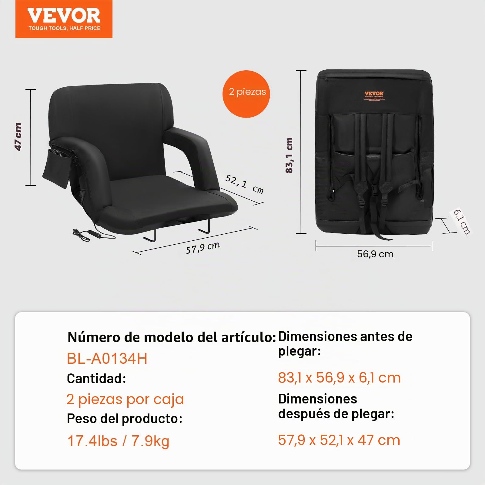VEVOR Asiento Portátil Plegable de Estadio con Doble Calefacción y Soporte para la Espalda con Calefacción de 3 Niveles, con Portavasos con Bolsillo con Gancho, para Eventos Deportivos, Conciertos