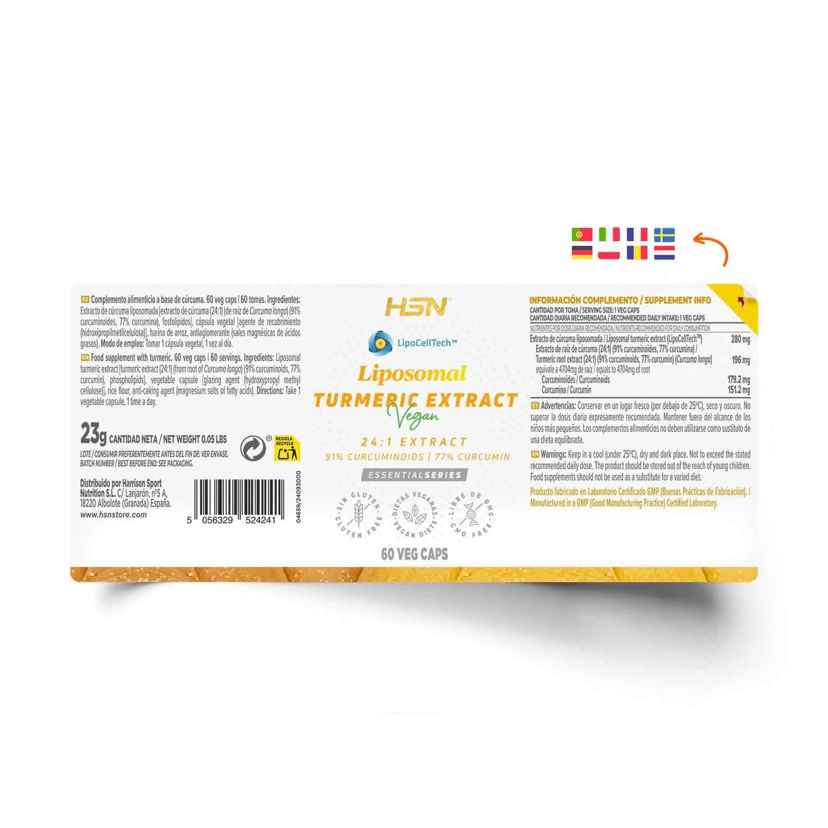HSN Estratto di Curcuma Liposomiale 280mg (91% Curcuminoidi, 77% Curcumina) | 60 Capsule Vegetali | Tecnologia LipoCellTech™ Protezione Liposomiale +BIODISPONIBILITÀ | Non-OGM, Vegano, Senza Glutine