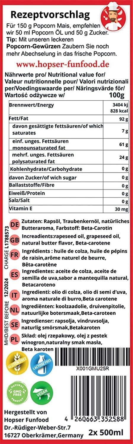 Hopser Food Fun 1 litrowy olej do popcornu o delikatnym naturalnym smaku masła i praktycznym dzióbku