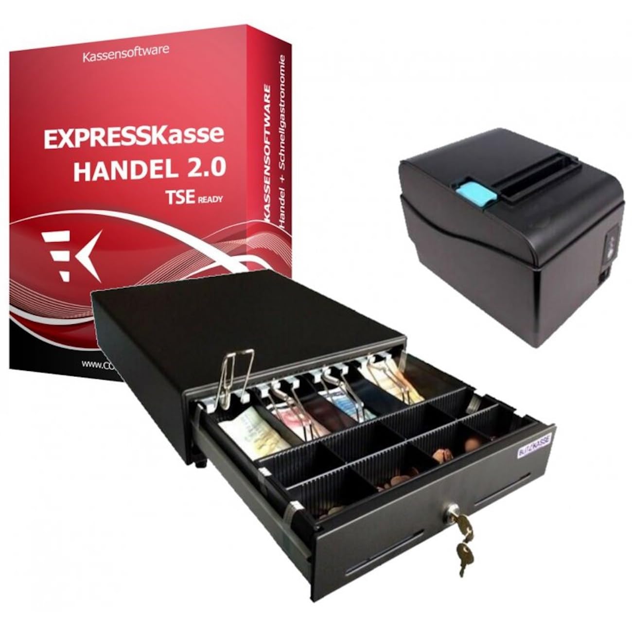 Kassen-Set für Kiosk, Imbiss & Einzelhandel – EXPRESSKasse X3 Software, Bondrucker & Kassenschublade, ohne monatliche Gebühren, TSE-Konform
