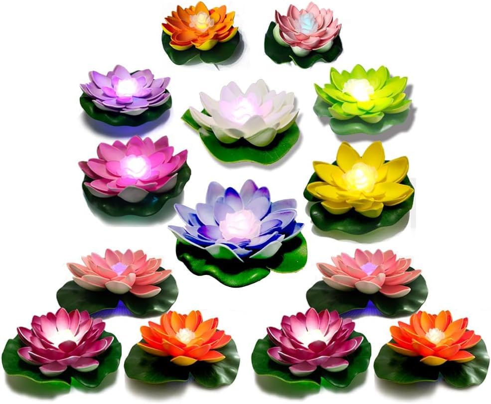 Assaoy Floating Pool Lights,Lotus Flowers Lights,Fun Pool Accessories,Pond Light LED Candles Artificial Flower W/Water Lily Pad for Pool at Night,Garden Valentine's Day Decor 14Pcs