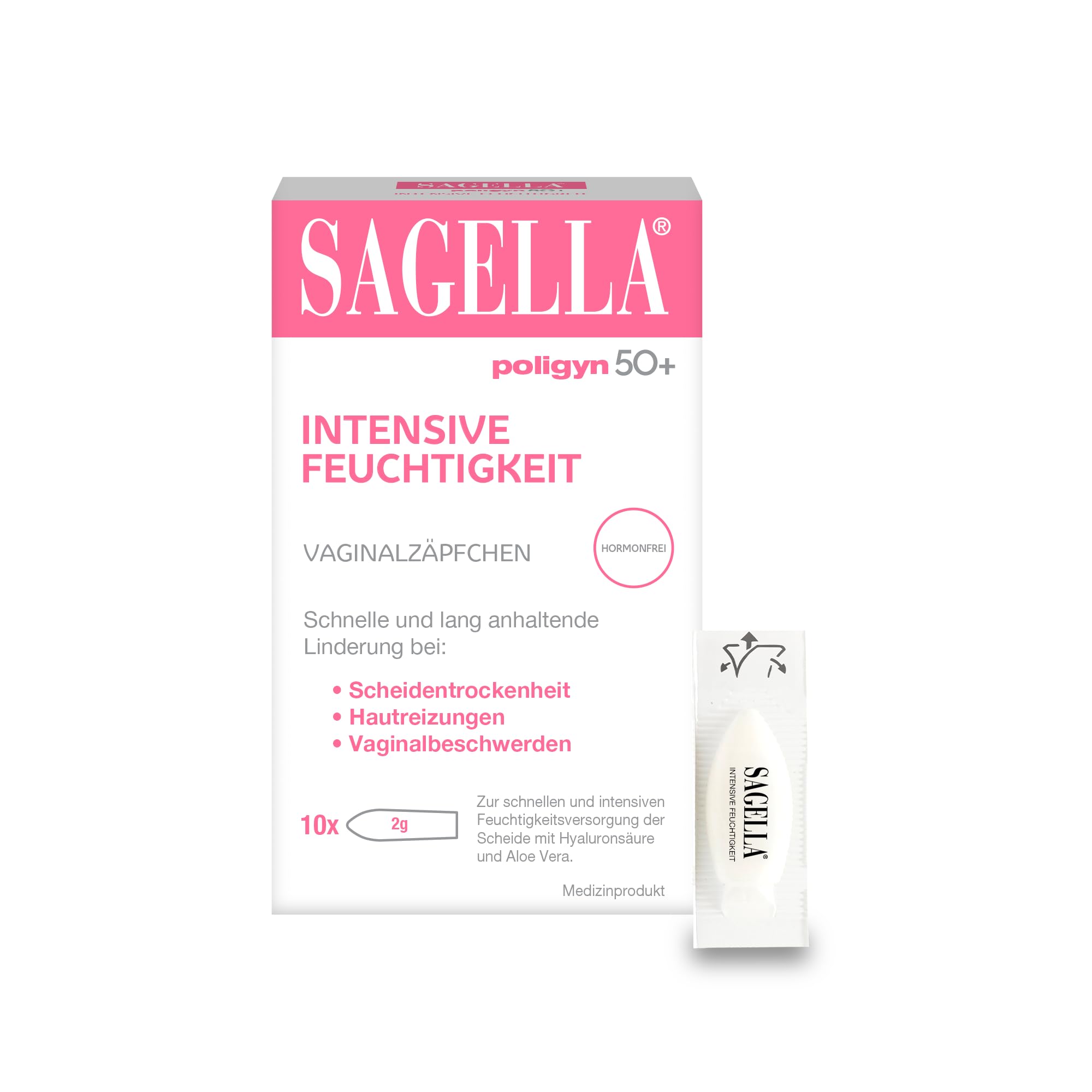 SAGELLA® poligyn 50+ Intensive Feuchtigkeit Vaginalzäpfchen - Hormonfrei - Linderung bei Trockenheit und Beschwerden in den Wechseljahren - Mit Hyaluronsäure und Aloe Vera - 10 Zäpfchen x 2 g