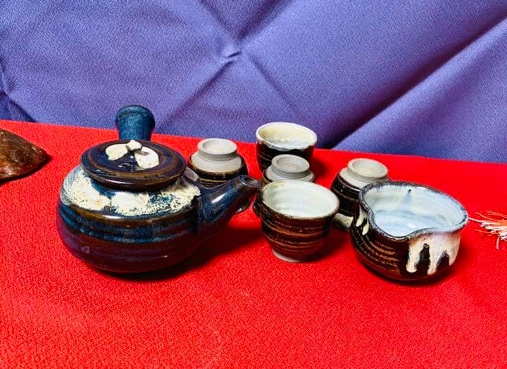 益子焼 煎茶器 茶器揃え 青黒白渦 <0310z益子焼>