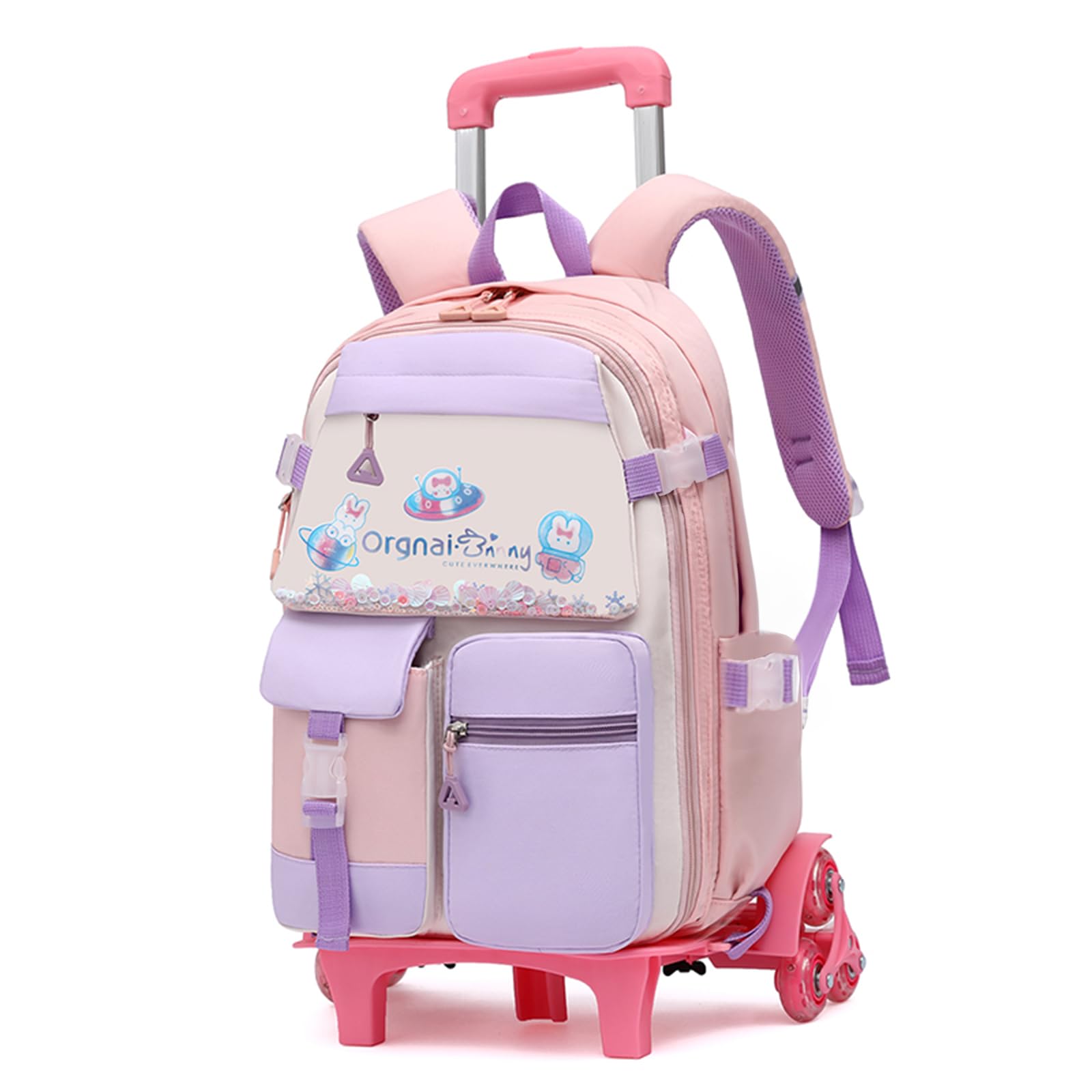 IvyH Mochila Ruedas Niña, 16 Pulgadas Moda Mochila Trolley Infantil de 6 Ruedas, Mochilas con Carro para Niña de 7 a 12 años, Carro Desmontable