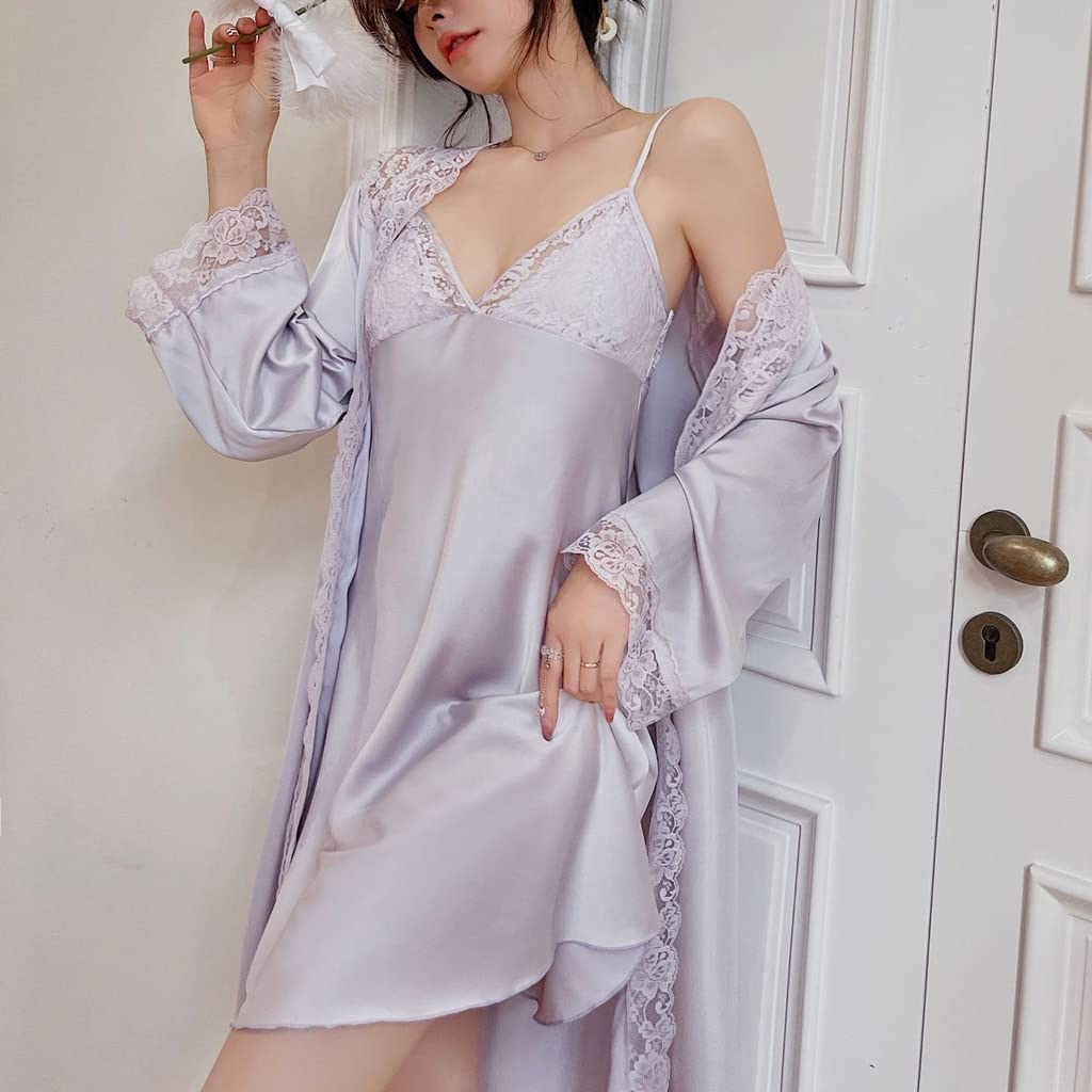 Damen Seiden-Bademantel-Sets Nachtwäsche Spitze Nachtkleid Herbst Morgenmantel Sexy Nachthemd Bademantel Weiblich (AL)