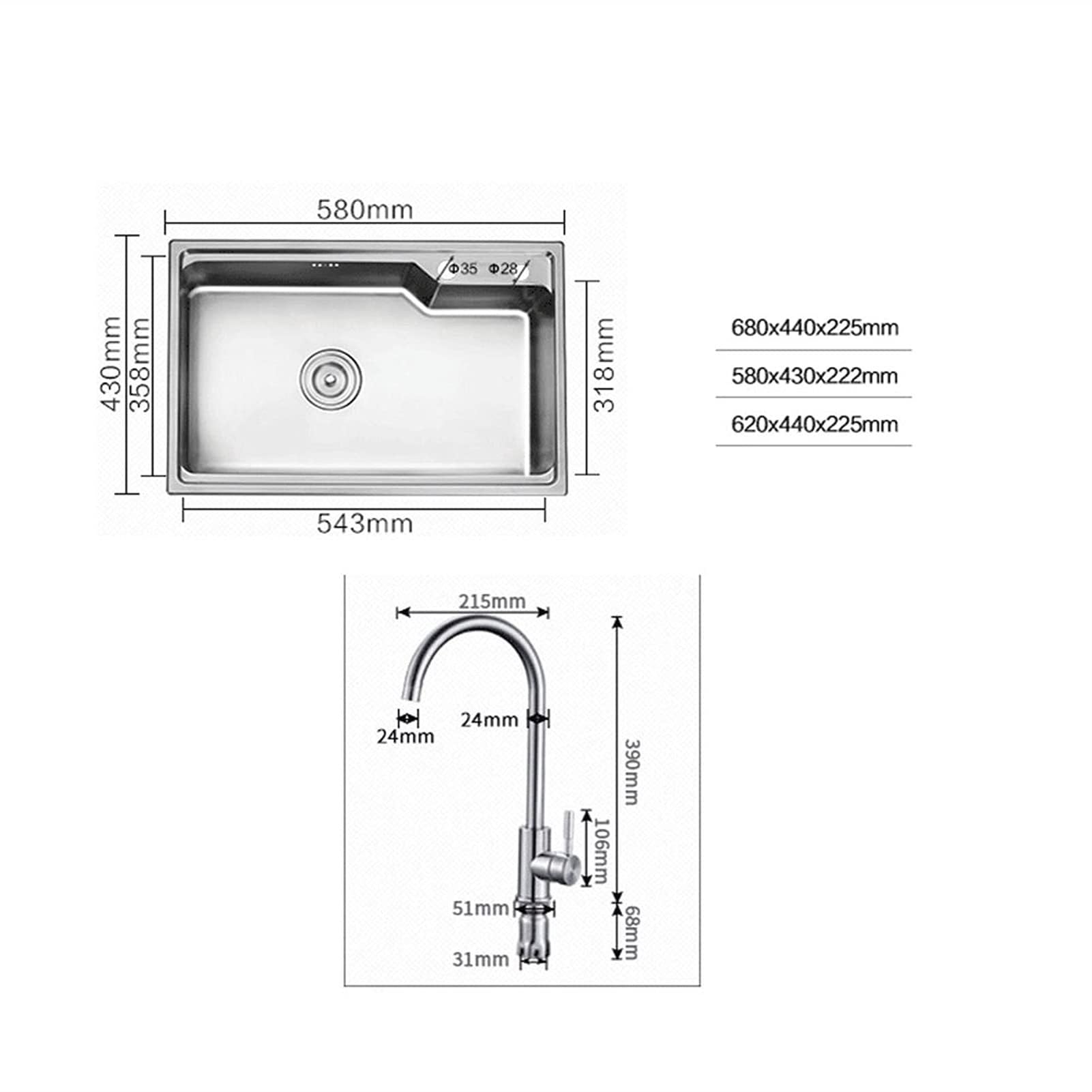 SDdPulse Fregadero de cocina de acero inoxidable 304 con canasta, lavabo de barra de gran capacidad con tubo de drenaje para el hogar y la oficina, plateado, 65 x 43 cm