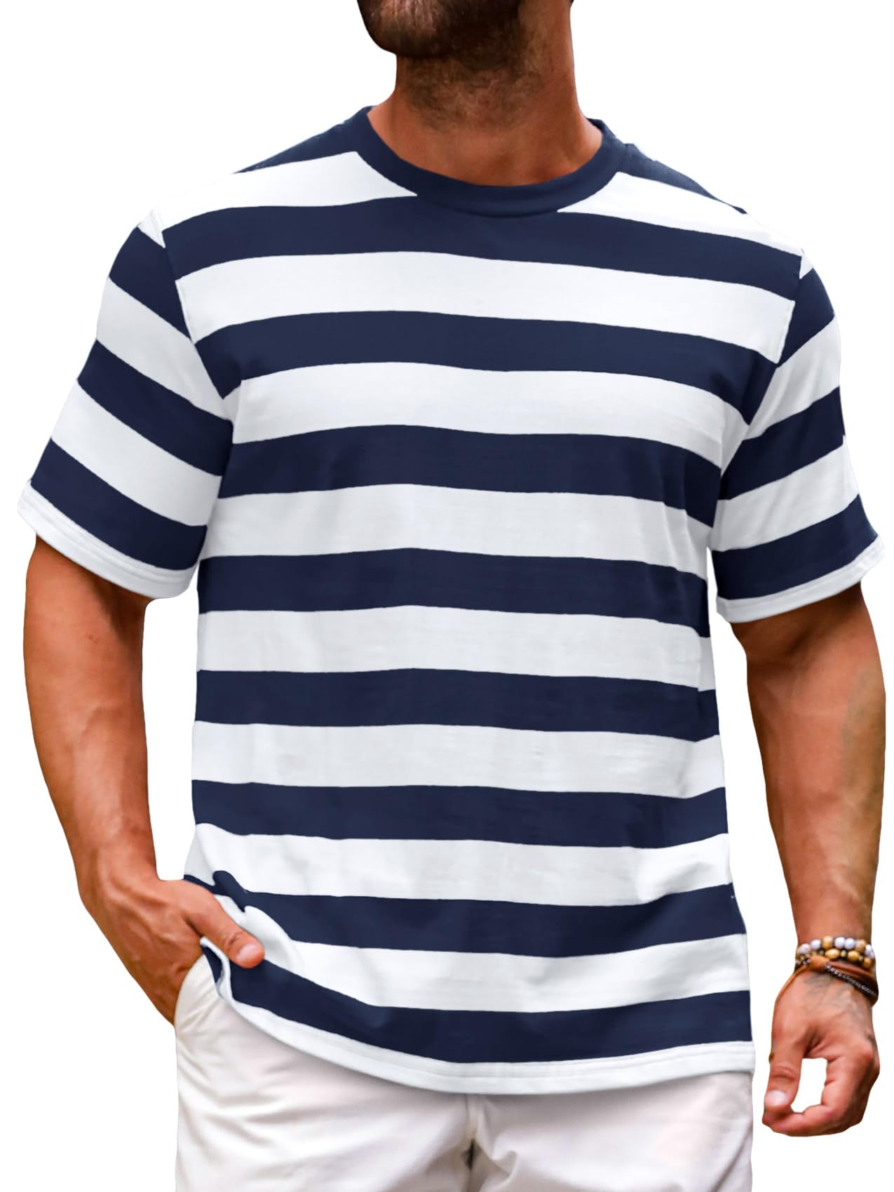 Runcati Mens Short Sleeve T-Shirts Striped Casual Crewneck Basic Shirt Color Block Stretch Summer Beach Tees