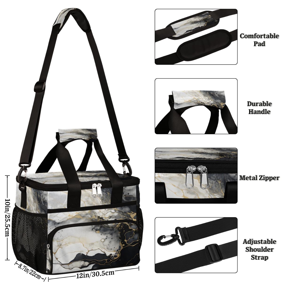 Marble Texture Insulated Picnic Backpack Lunch Box for Women Men Picnic Basket Tote Lunch Bag Picnic Bag Portable Lunch Bags for Picnic, Beach, Work, Trip,Office, Camp Black Golden Marbling